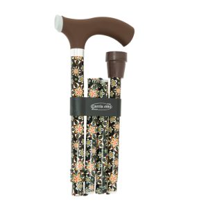 BASTÓN PLEGABLE DE ALUMINIO, PUÑO TACTO SUAVE MARRÓN TUBO FLORES BEIGE/ROJO